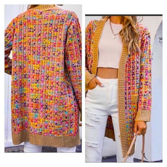 NWT! GORGEOUS BOUTIQUE MULTICOLOR OPEN FRONT PATCH POCKET CARDIGAN-SIZE LARGE - Picture 5 of 10